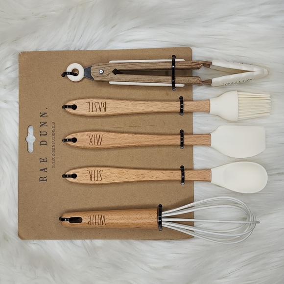 Rae Dunn 5 Piece Mini Kitchen Utensils Set Wood White Silicone - Picture 1 of 6
